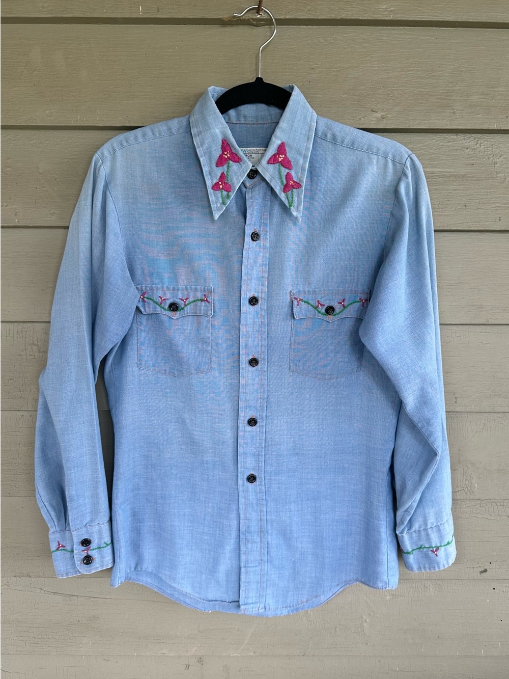 Vintage 60s 70s JC Penney Floral Embroidered Chambray Western Shirt